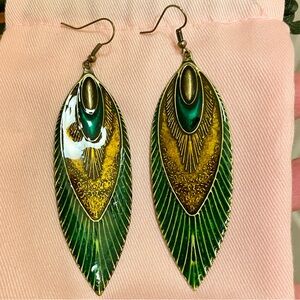 Lucky Brand Peacock Feather Lacquered Metal Earrings- New Without Tags